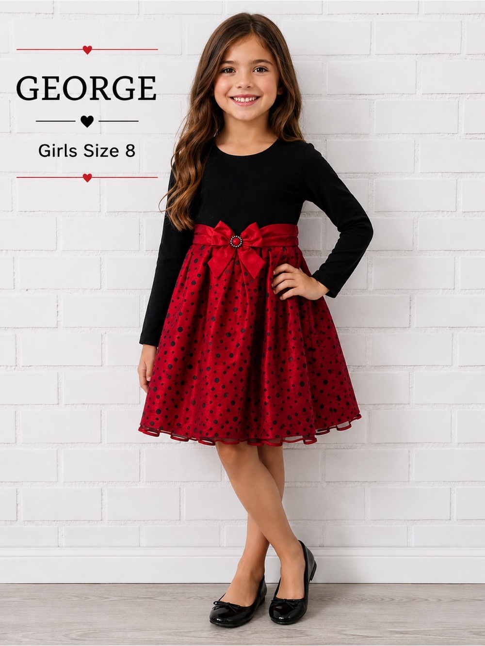 George Girls Red & Black Polka Dot Party Dress Size 8 Bow Detail